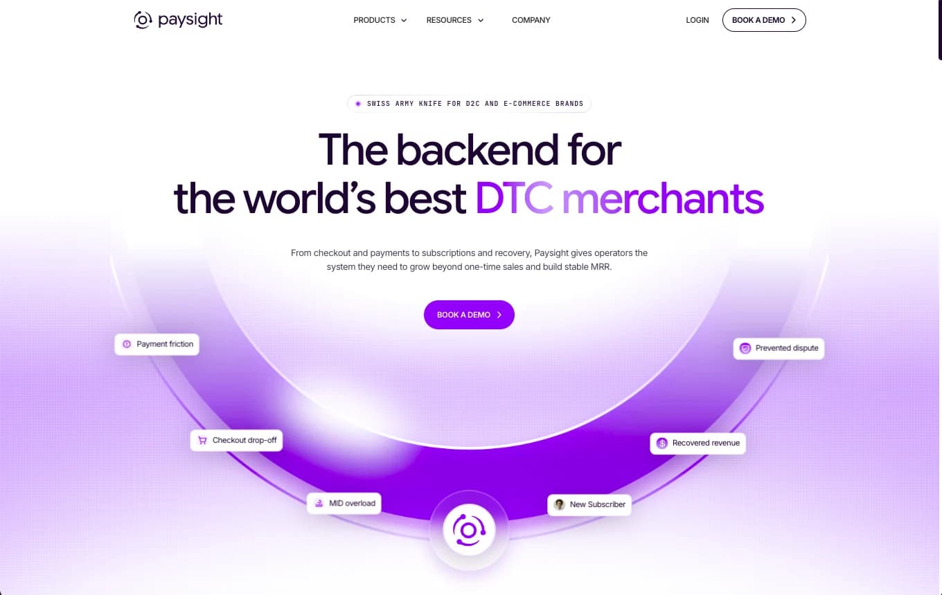 Página pública da PaySight apresentando sua plataforma para lojistas de comércio eletrônico.